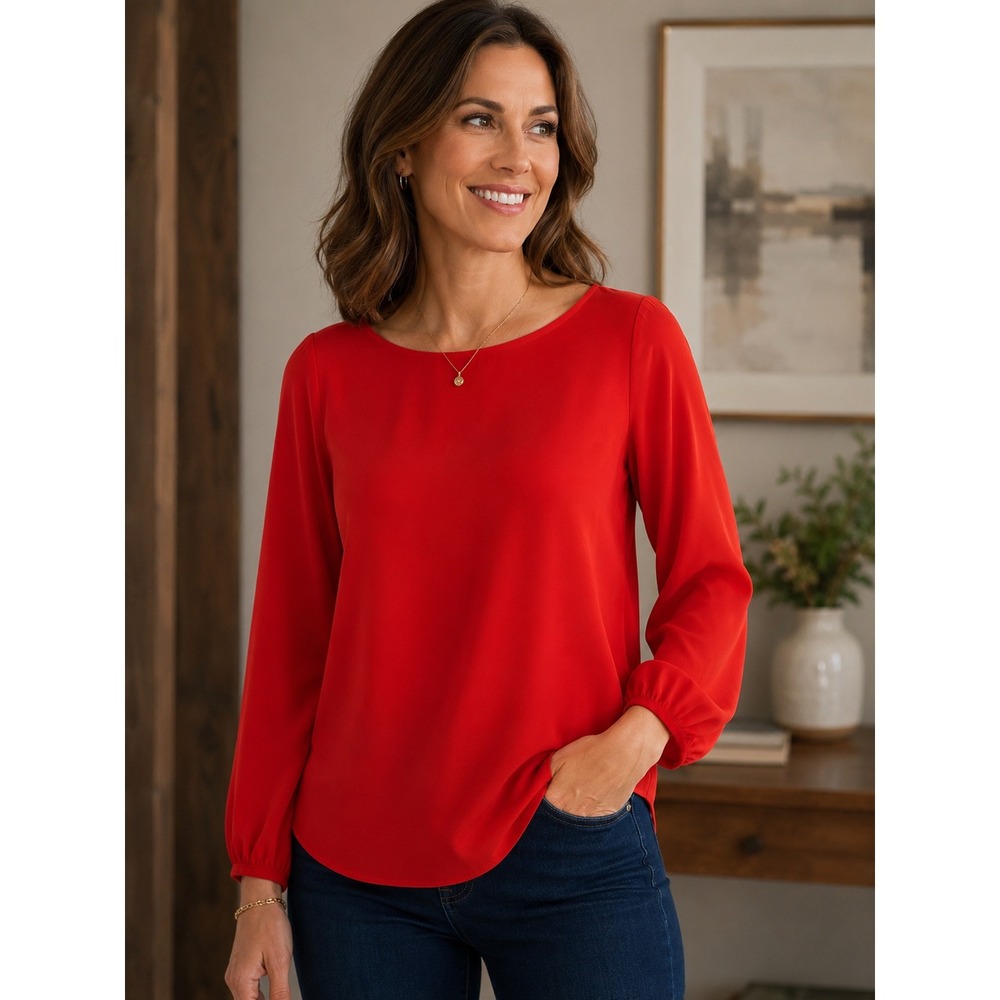 Ann Taylor Womens Red Boatneck Long Sleeve Blouse Size M Stretch Jersey Top